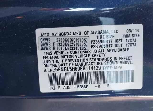 5FNRL5H60EB114139 2014 2014 Honda Odyssey- Ex-L 9