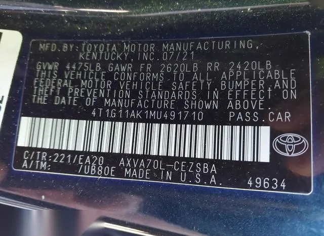 4T1G11AK1MU491710 2021 2021 Toyota Camry- SE 9