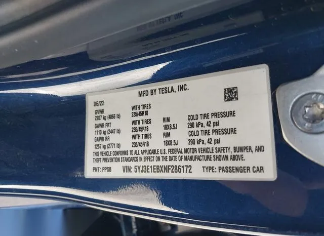 5YJ3E1EBXNF286172 2022 2022 Tesla MODEL 3 9