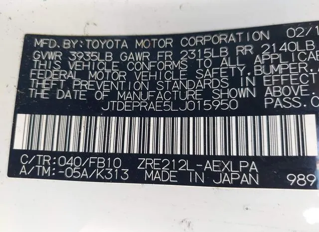 JTDEPRAE5LJ015950 2020 2020 Toyota Corolla- LE 9