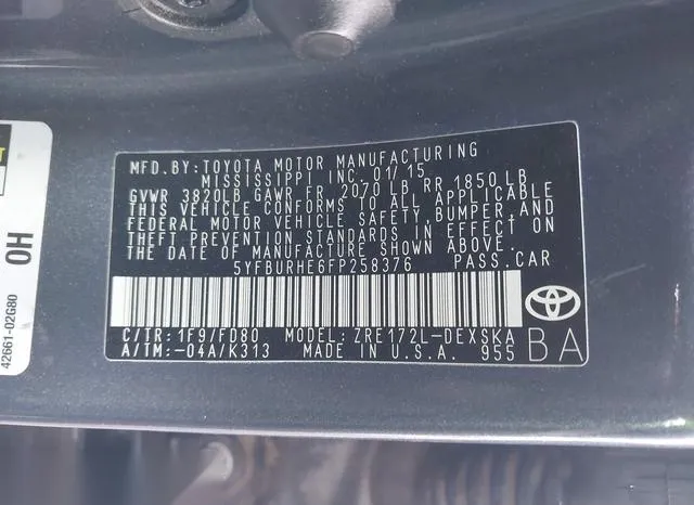 5YFBURHE6FP258376 2015 2015 Toyota Corolla- S Plus 9