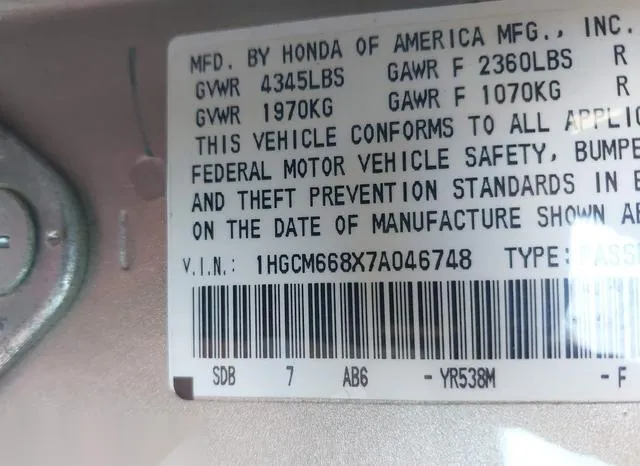 1HGCM668X7A046748 2007 2007 Honda Accord- 3-0 EX 9