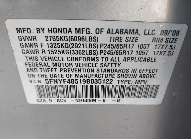 5FNYF48519B035122 2009 2009 Honda Pilot- Ex-L 9