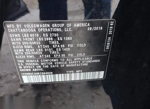 1V2UR2CA0KC604526 2019 2019 Volkswagen Atlas- 3-6L V6 Se W/ 9