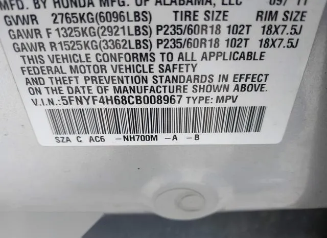 5FNYF4H68CB008967 2012 2012 Honda Pilot- Ex-L 9