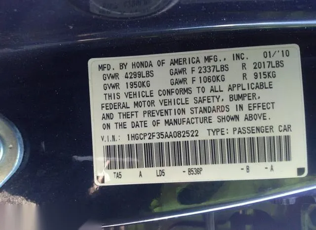 1HGCP2F35AA082522 2010 2010 Honda Accord- 2-4 LX 9