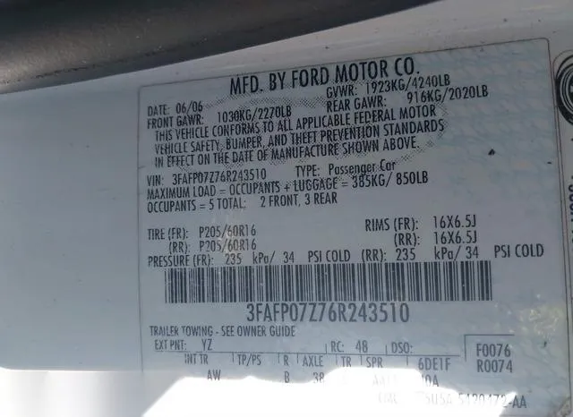 3FAFP07Z76R243510 2006 2006 Ford Fusion- SE 9