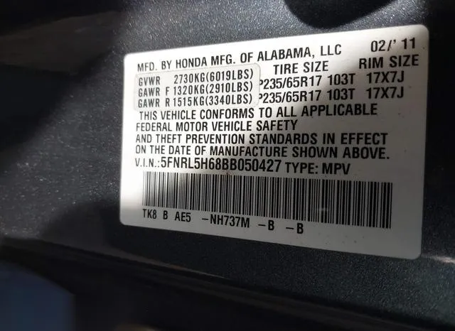 5FNRL5H68BB050427 2011 2011 Honda Odyssey- Exl 9