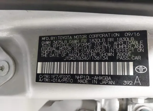 JTDKDTB34G1138134 2016 2016 Toyota Prius- C Three 9