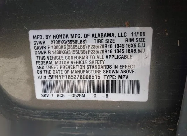 5FNYF18527B006515 2007 2007 Honda Pilot- Ex-L 9