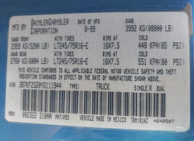 3B7KF23Z0YG111944 2000 2000 Dodge RAM 2500- ST 9