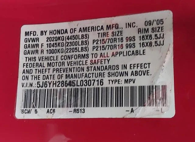 5J6YH28645L030716 2005 2005 Honda Element- EX 9