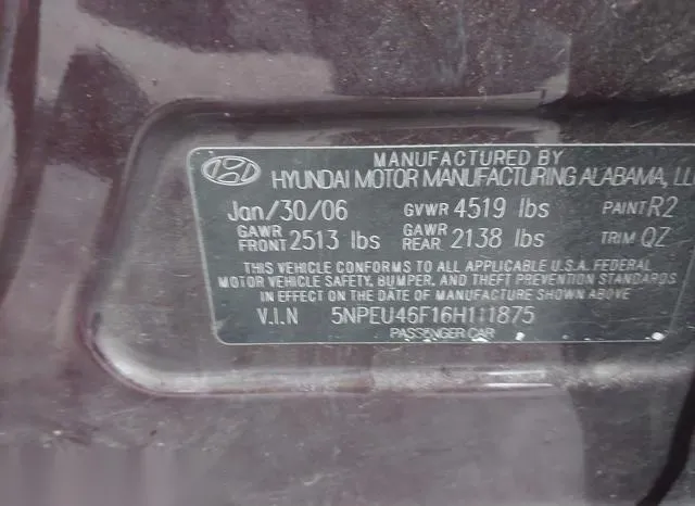 5NPEU46F16H111875 2006 2006 Hyundai Sonata- Gls V6/Lx V6 9