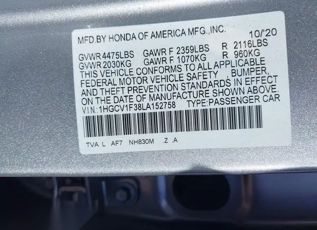 1HGCV1F38LA152758 2020 2020 Honda Accord- Sport 9