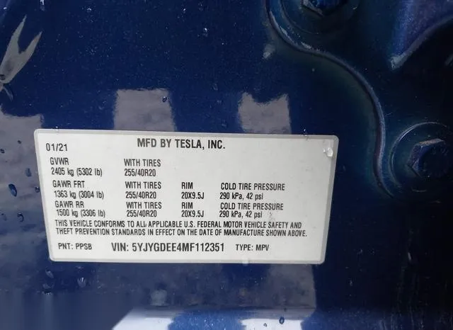 5YJYGDEE4MF112351 2021 2021 Tesla Model Y- Long Range Dual 9