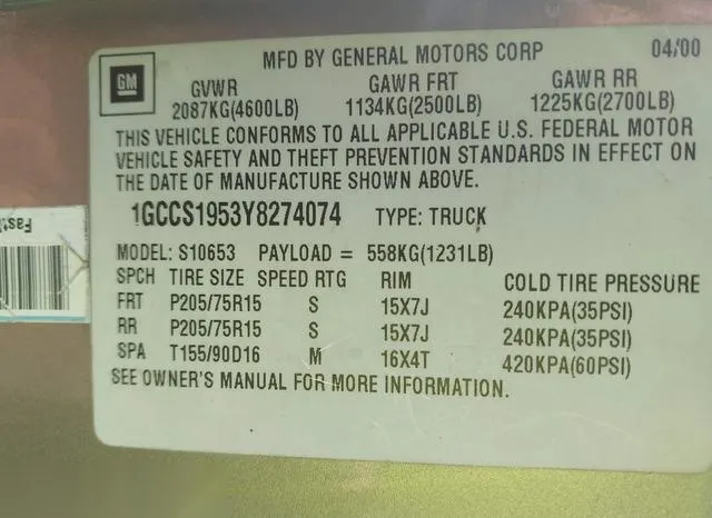 1GCCS1953Y8274074 2000 2000 Chevrolet S10- LS 9