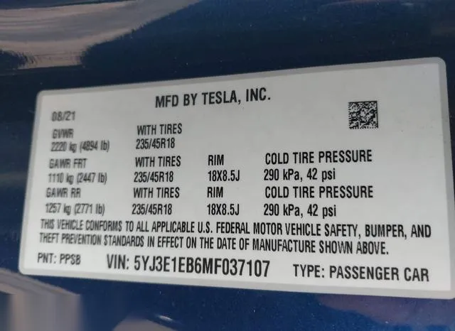 5YJ3E1EB6MF037107 2021 2021 Tesla Model 3- Long Range Dual 9