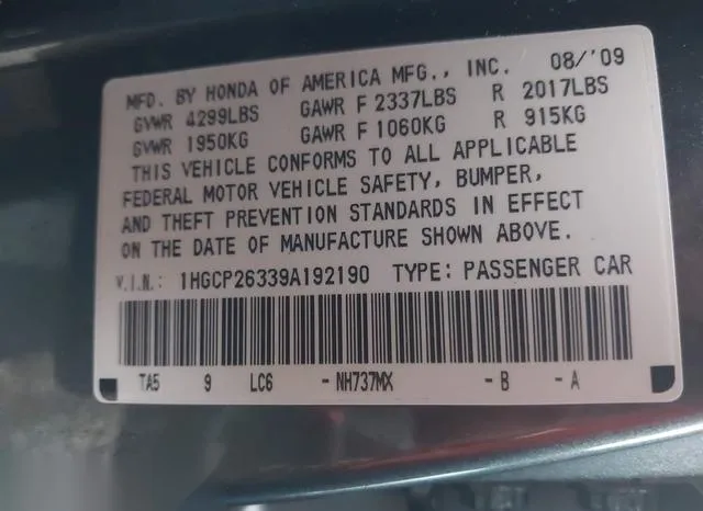 1HGCP26339A192190 2009 2009 Honda Accord- 2-4 LX 9