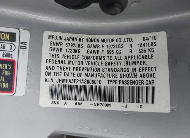 JHMFA3F21AS006010 2010 2010 Honda Civic- Hybrid 9