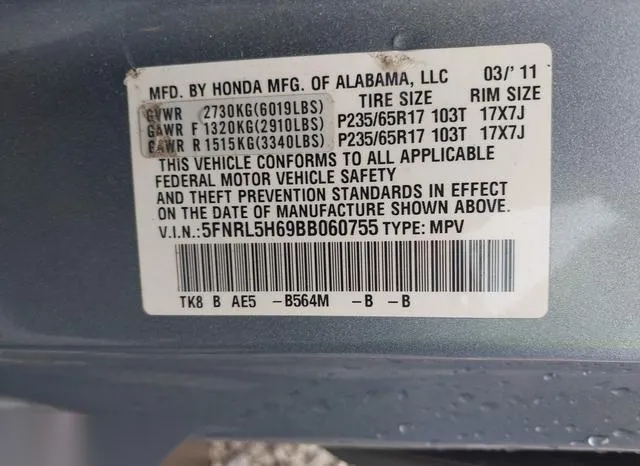 5FNRL5H69BB060755 2011 2011 Honda Odyssey- Ex-L 9