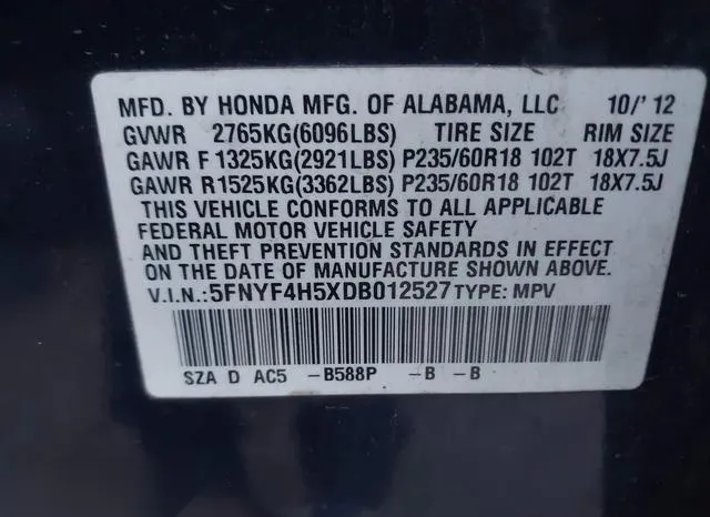 5FNYF4H5XDB012527 2013 2013 Honda Pilot- Ex-L 9