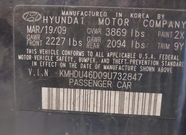 KMHDU46D09U732847 2009 2009 Hyundai Elantra- Gls 9