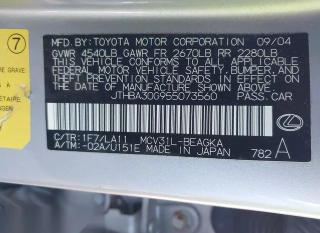 JTHBA30G955073560 2005 2005 Lexus ES- 330 9