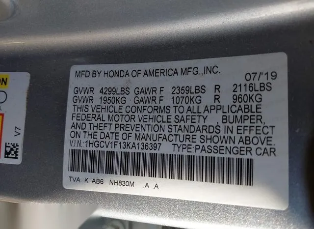 1HGCV1F13KA136397 2019 2019 Honda Accord- LX 9