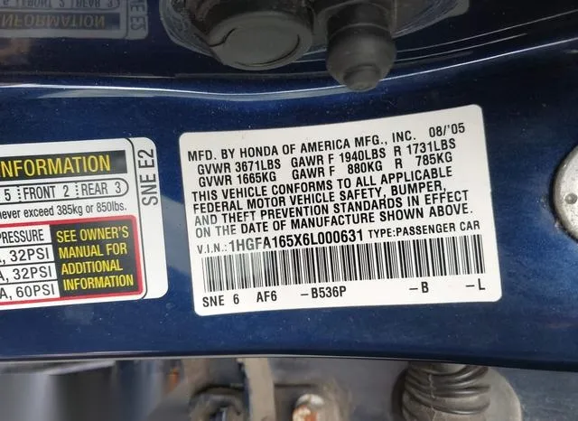 1HGFA165X6L000631 2006 2006 Honda Civic- LX 9