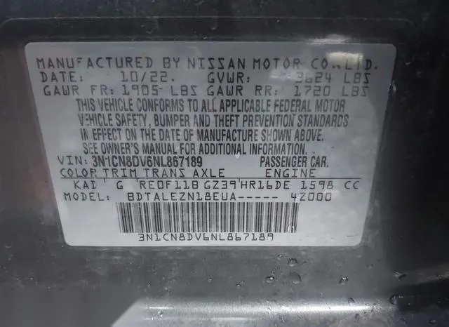 3N1CN8DV6NL867189 2022 2022 Nissan Versa- 1-6 S Xtronic Cvt 9