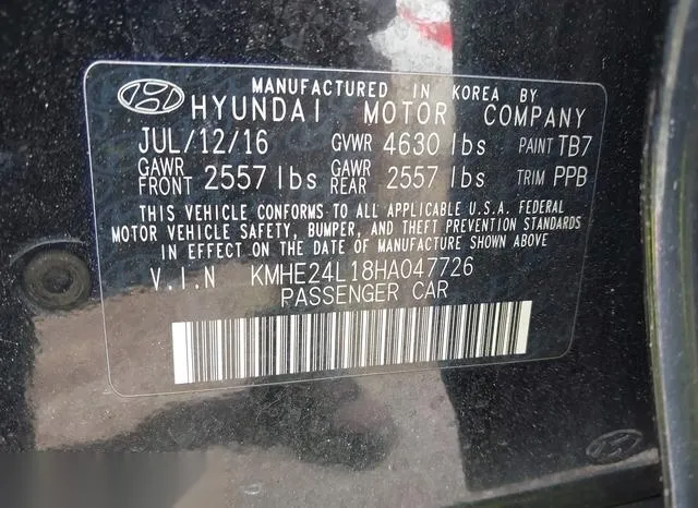 KMHE24L18HA047726 2017 2017 Hyundai Sonata- Hybrid SE 9