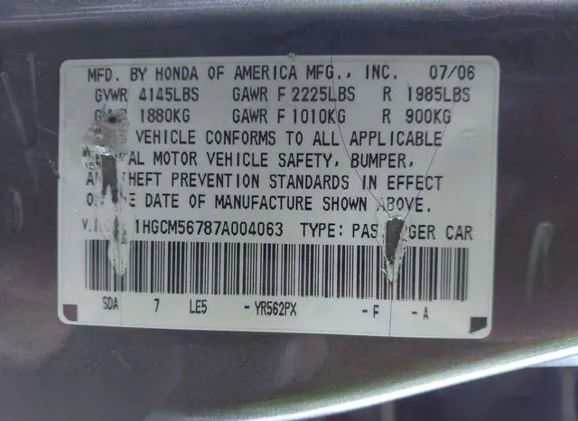 1HGCM56787A004063 2007 2007 Honda Accord- 2-4 EX 9