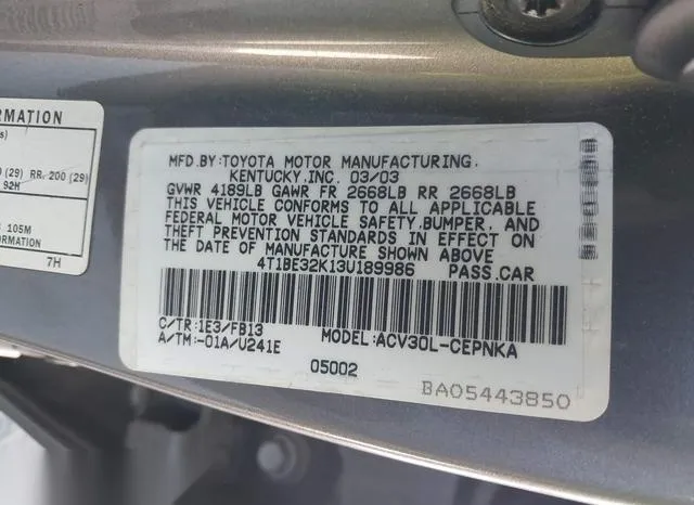 4T1BE32K13U189986 2003 2003 Toyota Camry- Le/Xle/Se 9