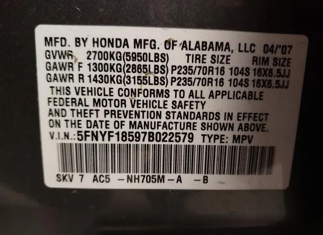 5FNYF18597B022579 2007 2007 Honda Pilot- Ex-L 9