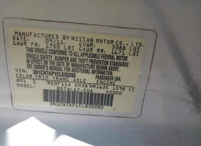 3N1CN7AP1CL835280 2012 2012 Nissan Versa- 1-6 S 9