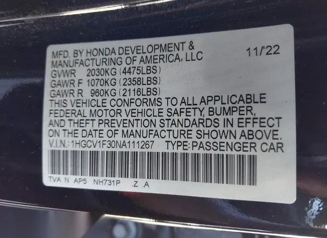 1HGCV1F30NA111267 2022 2022 Honda Accord- Sport 9