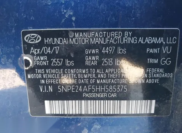 5NPE24AF5HH585375 2017 2017 Hyundai Sonata- SE 9