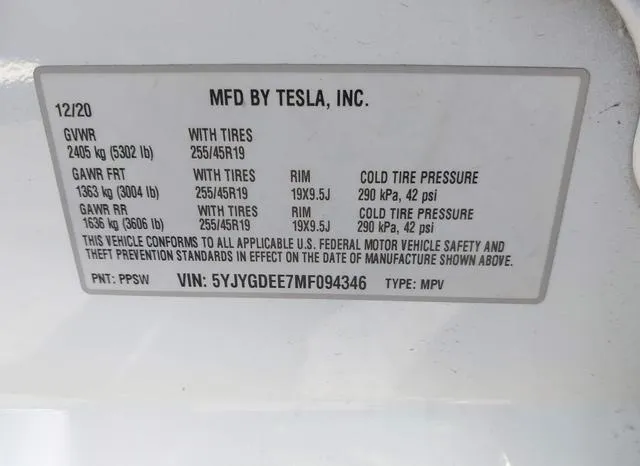 5YJYGDEE7MF094346 2021 2021 Tesla Model Y- Long Range Dual 9