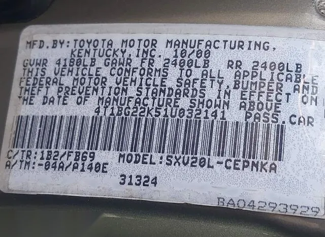 4T1BG22K51U032141 2001 2001 Toyota Camry- LE 9