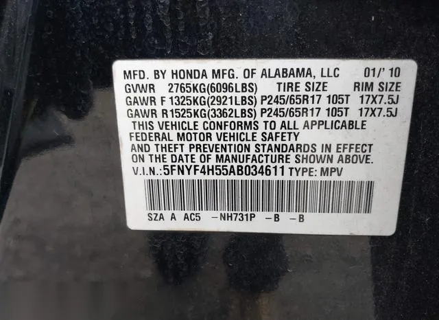 5FNYF4H55AB034611 2010 2010 Honda Pilot- Ex-L 9