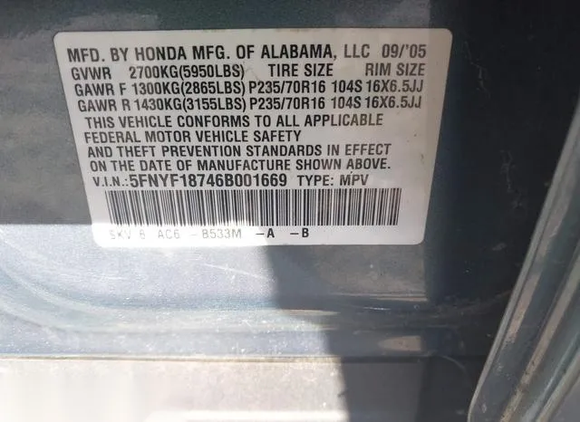 5FNYF18746B001669 2006 2006 Honda Pilot- Ex-L 9