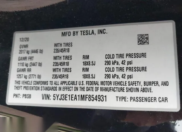 5YJ3E1EA1MF854931 2021 2021 Tesla Model 3- Standard Range P 9