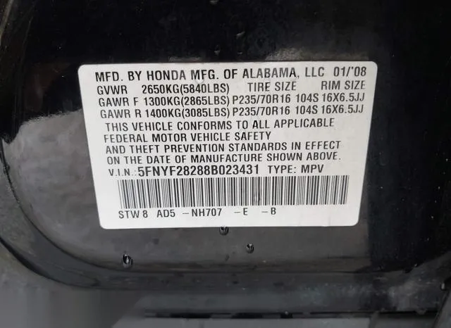 5FNYF28288B023431 2008 2008 Honda Pilot- VP 9