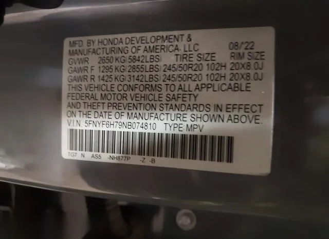 5FNYF6H79NB074810 2022 2022 Honda Pilot- Awd Black Edition 9