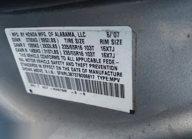 5FNRL38737B096817 2007 2007 Honda Odyssey- Ex-L 9