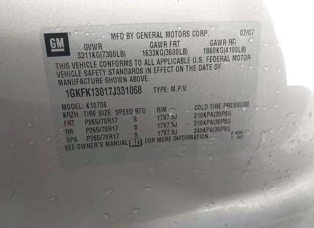 1GKFK13017J331068 2007 2007 GMC Yukon- Slt 9