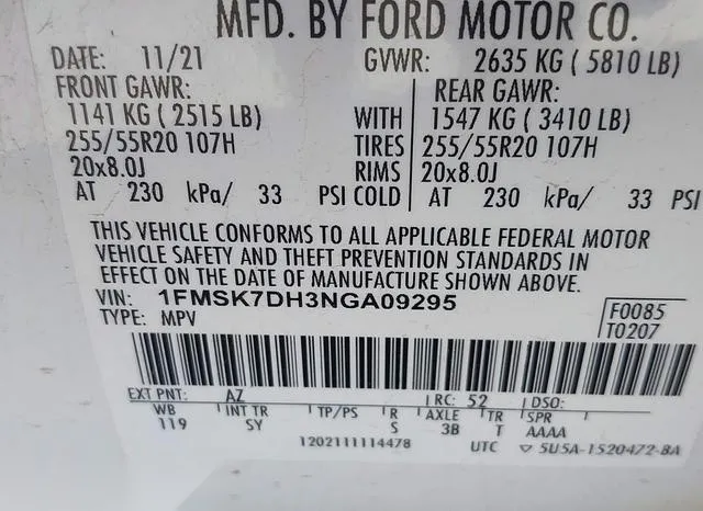 1FMSK7DH3NGA09295 2022 2022 Ford Explorer- Xlt 9