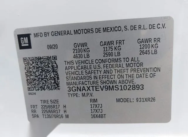 3GNAXTEV9MS102893 2021 2021 Chevrolet Equinox- Awd 2Fl 9