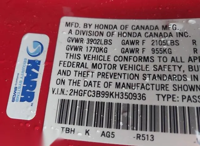 2HGFC3B99KH350936 2019 2019 Honda Civic- Touring 9