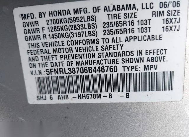 5FNRL38706B446760 2006 2006 Honda Odyssey- Ex-L 9